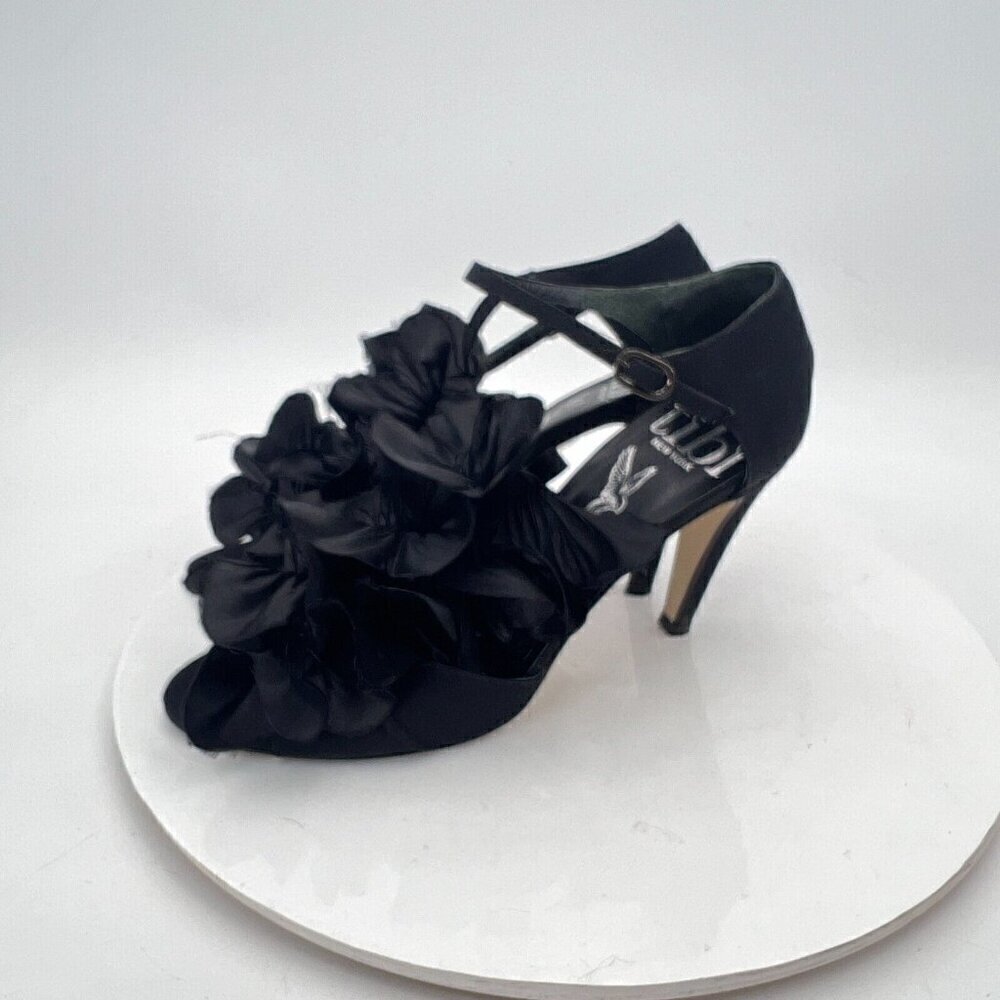 Lavorazione Artigiana Women Shoes Size 7B Black Leather Floral Satin Heel Sandal